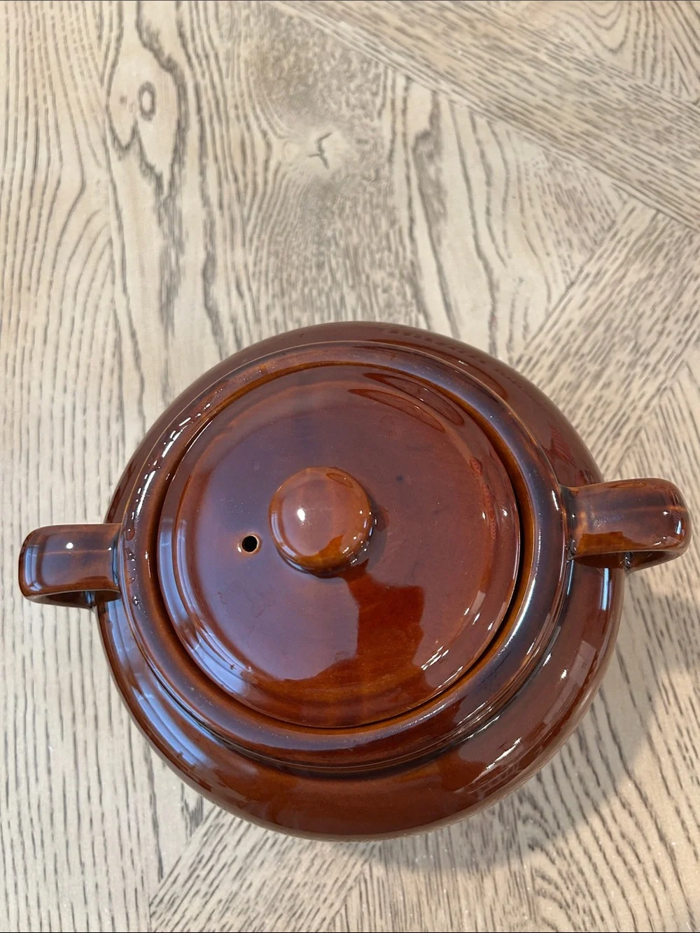Vintage Brown Glazed Ceramic Covered bean pot